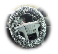 Snow leopard fuzzy faux fur car steering wheel cover
