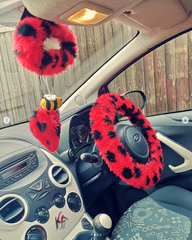 ladybird spot fuzzy faux fur car steering wheel cover