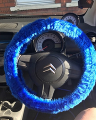Royal Blue fuzzy faux fur car steering wheel cover