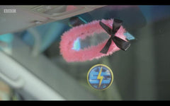 Barbie pink faux fur fuzzy rear view interior car mirror cover with black satin bow