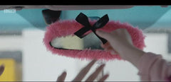 Barbie pink faux fur fuzzy rear view interior car mirror cover with black satin bow