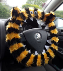 Fuzzy Monster car steering wheel cover Printed faux fur choice of print