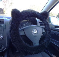 Fuzzy Monster car steering wheel cover Plain faux fur choice of colour Black (No Eyes or Teeth)