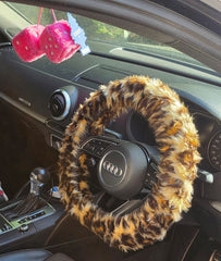 Leopard Print fuzzy faux fur car steering wheel cover cheetah animal print