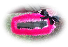 Barbie pink faux fur fuzzy rear view interior car mirror cover with black satin bow Poppys Crafts