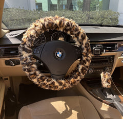 Leopard Print fuzzy faux fur car steering wheel cover cheetah animal print