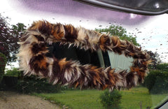 Fuzzy faux fur rear view interior car mirror cover in choice of print leopard