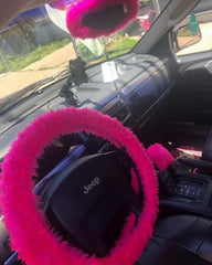 Barbie Pink fuzzy steering wheel cover with cute matching rear view mirror cover Poppys Crafts