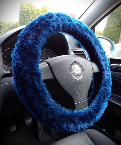 Navy Blue fuzzy faux fur car steering wheel cover