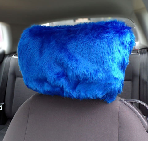 Royal Blue fluffy faux fur car headrest covers 1 pair