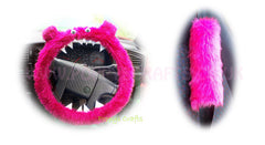 Fluffy Pink Monster Car Steering wheel cover & fuzzy faux fur pink seatbelt pad set Poppys Crafts