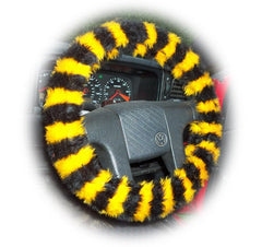 Busy Bumble Bee Striped fuzzy Car Steering wheel cover & matching faux fur seatbelt pad set Poppys Crafts