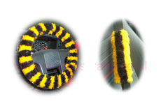 Busy Bumble Bee Striped fuzzy Car Steering wheel cover & matching faux fur seatbelt pad set Poppys Crafts