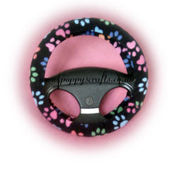 Paw print fleece car steering wheel cover in black and white and multi-coloured Poppys Crafts