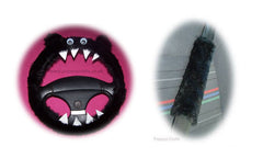 Fluffy Black Monster Car Steering wheel cover & fuzzy black seatbelt pad set Poppys Crafts