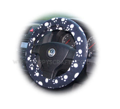 Black with white Paws paw print fleece car steering wheel cover Poppys Crafts