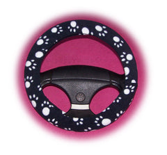 Paw print fleece car steering wheel cover in black and white and multi-coloured Poppys Crafts