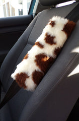 Brown and cream cow print fuzzy car seatbelt pads 1 pair Poppys Crafts