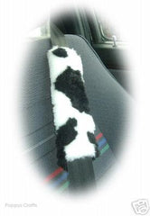 Black and White Cow print fuzzy Car Steering wheel cover & matching faux fur seatbelt pad set Poppys Crafts