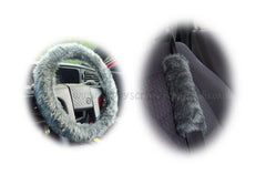 Dark Grey fluffy steering wheel cover and matching faux fur seatbelt pads Poppys Crafts