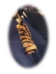 Gold Tiger print fuzzy Car Steering wheel cover & matching faux fur seatbelt pad set Poppys Crafts