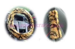 Gold Tiger print fuzzy Car Steering wheel cover & matching faux fur seatbelt pad set Poppys Crafts