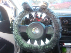 Dark Grey fuzzy monster steering wheel cover Poppys Crafts