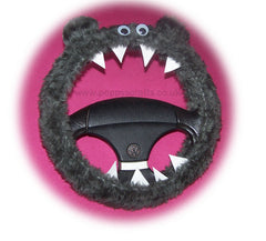 Fluffy Dark Grey Monster Car Steering wheel cover & fuzzy Dark Grey seatbelt pad set Poppys Crafts