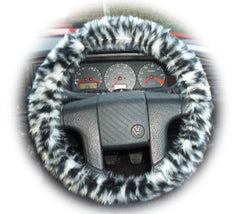 Snow leopard fuzzy faux fur car steering wheel cover Poppys Crafts