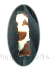 Brown and cream cow print fuzzy car seatbelt pads 1 pair Poppys Crafts