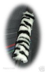 Zebra print fuzzy car seatbelt pads black and white stripe 1 pair Poppys Crafts