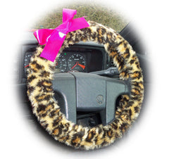 Leopard print steering wheel cover animal print faux fur with Choice of satin Bow Poppys Crafts