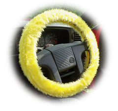 Sunshine Yellow fuzzy faux fur car steering wheel cover Poppys Crafts