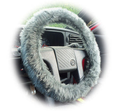 Dark Charcoal Grey fuzzy car steering wheel cover Poppys Crafts