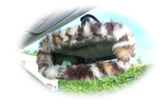 Fuzzy faux fur rear view interior car mirror cover in choice of print Poppys Crafts