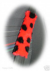 Ladybird Spot fuzzy Car Steering wheel cover & matching faux fur seatbelt pad set Poppys Crafts