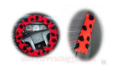 Ladybird Spot fuzzy Car Steering wheel cover & matching faux fur seatbelt pad set Poppys Crafts