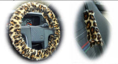 Wild Leopard print fuzzy Car Steering wheel cover & matching animal print faux fur seatbelt pad set Poppys Crafts