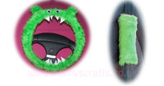 Fluffy Lime Green Monster Car Steering wheel cover & fuzzy faux fur Lime Green seatbelt pad set Poppys Crafts