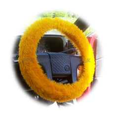 Marigold Car Steering wheel cover & matching fuzzy faux fur seatbelt pad set
