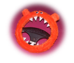 Fuzzy faux fur Tangerine Orange Monster steering wheel cover with googly eyes, ears, and teeth. fluffy furry car fun Poppys Crafts