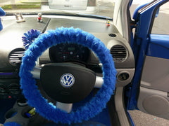 Royal Blue Fuzzy Car Steering wheel cover & matching faux fur seatbelt pad set