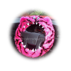 Pink and black Tiger stripe fuzzy Monster steering wheel cover Poppys Crafts