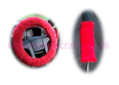 Fluffy Racing Red Car Steering wheel cover & matching fuzzy faux fur seatbelt pad set Poppys Crafts