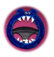 Royal Blue fluffy Monster car steering wheel cover with googly eyes, ears and teeth Poppys Crafts