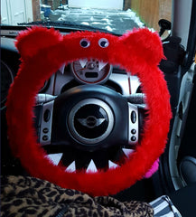 Fuzzy faux fur Red Monster steering wheel cover with googly eyes Poppys Crafts