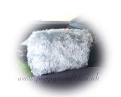 Silver Grey fluffy faux fur car headrest covers 1 pair Poppys Crafts