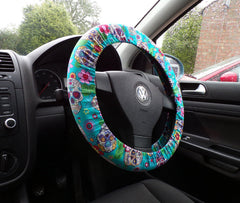 Sugar skulls hearts and diamonds turquoise steering wheel cover