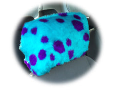 Spotty Dino Monster print fuzzy faux fur car headrest covers Poppys Crafts