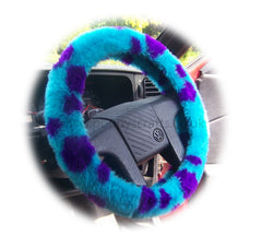 Monster Spot fuzzy Car Steering wheel cover & matching faux fur seatbelt pad set Poppys Crafts